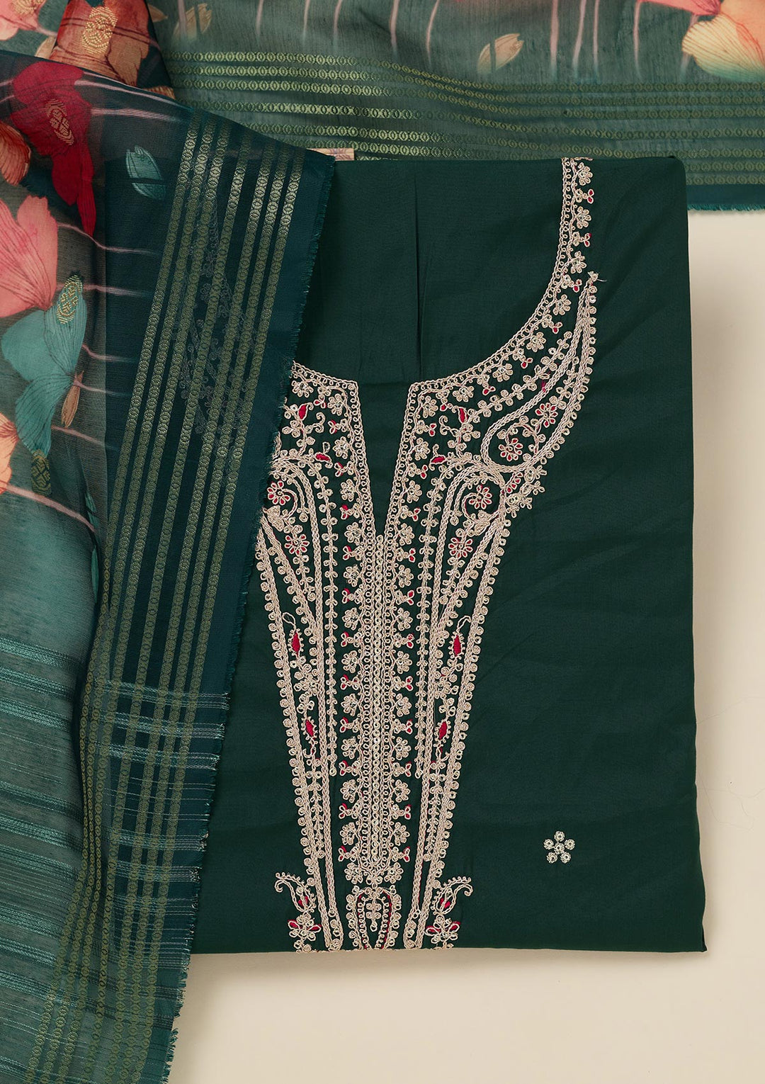 Bottle Green Dola Silk Gold Zariwork Unstitched Dress Material With Matching Bottom And Dupatta