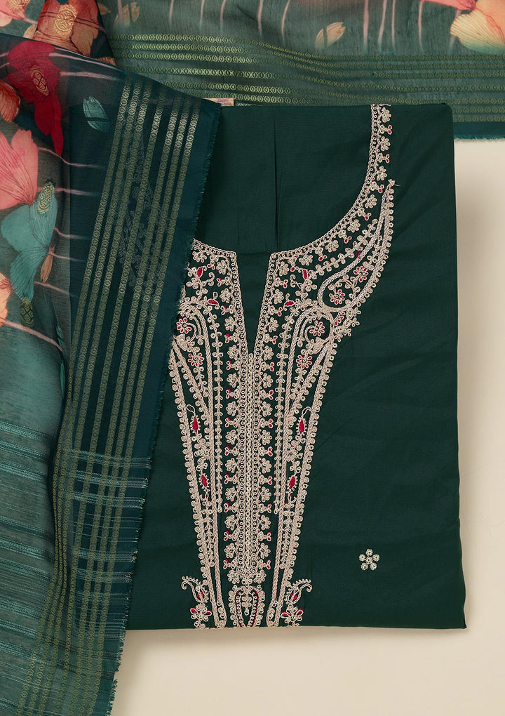 Bottle Green Dola Silk Gold Zariwork Unstitched Dress Material With Matching Bottom And Dupatta
