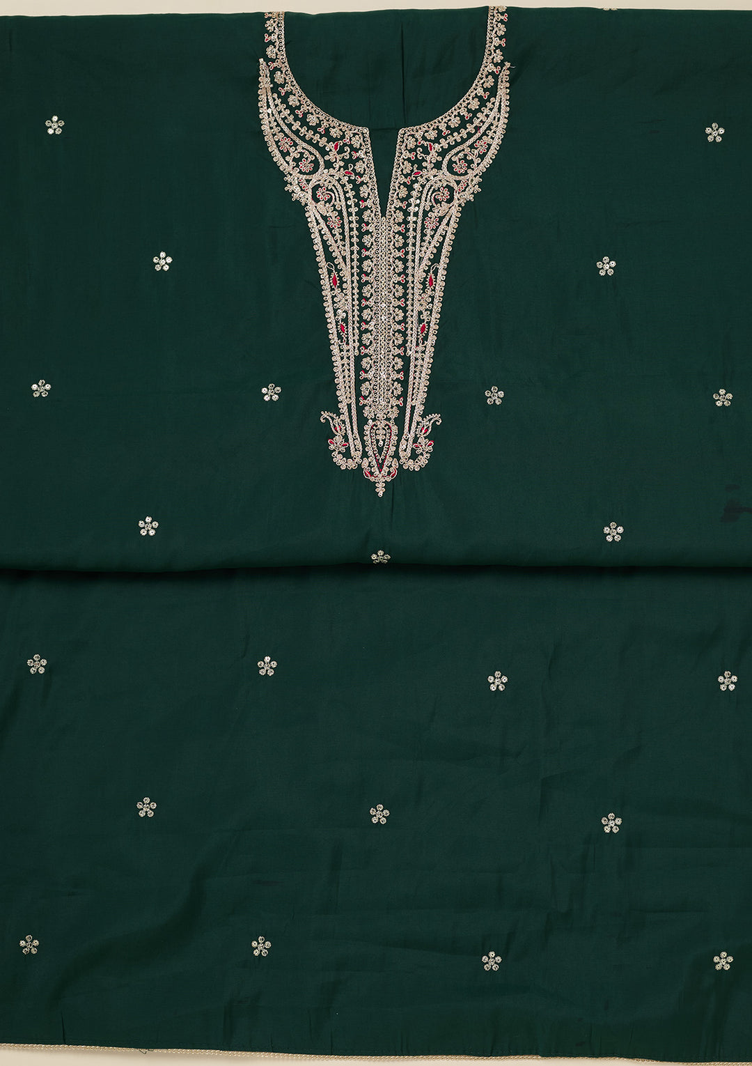 Bottle Green Dola Silk Gold Zariwork Unstitched Dress Material With Matching Bottom And Dupatta