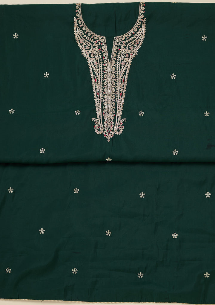 Bottle Green Dola Silk Gold Zariwork Unstitched Dress Material With Matching Bottom And Dupatta