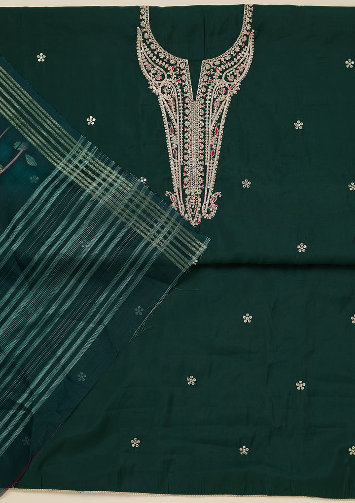 Bottle Green Dola Silk Gold Zariwork Unstitched Dress Material With Matching Bottom And Dupatta