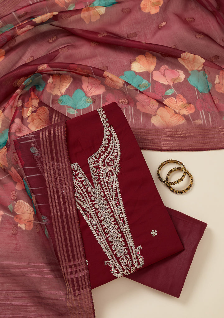 Maroon Dola Silk Gold Zariwork Unstitched Dress Material With Matching Bottom And Dupatta