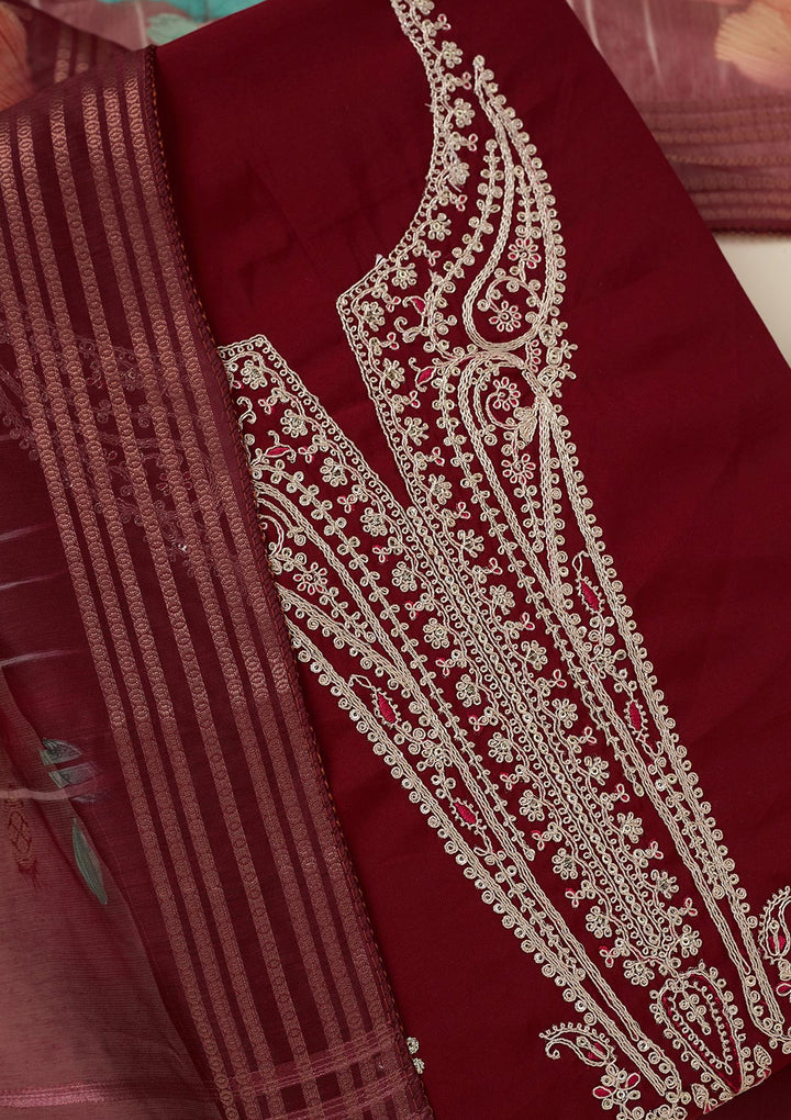 Maroon Dola Silk Gold Zariwork Unstitched Dress Material With Matching Bottom And Dupatta