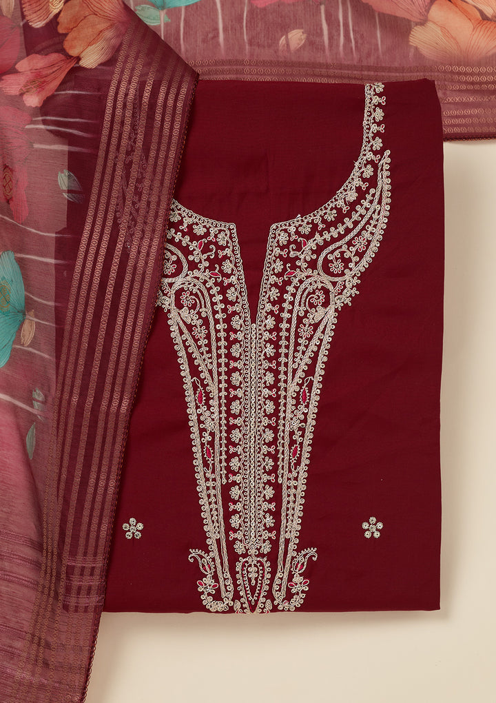 Maroon Dola Silk Gold Zariwork Unstitched Dress Material With Matching Bottom And Dupatta