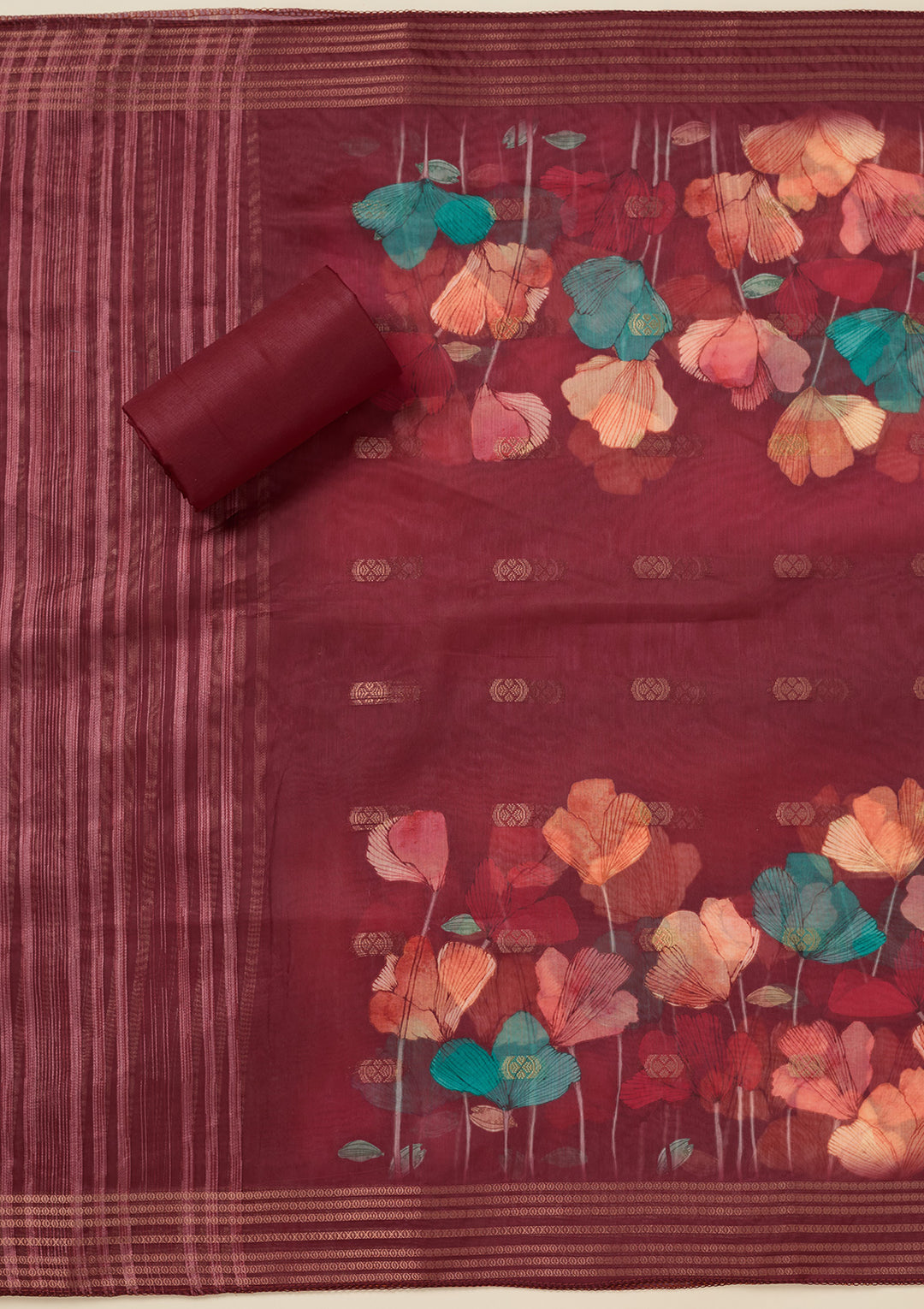 Maroon Dola Silk Gold Zariwork Unstitched Dress Material With Matching Bottom And Dupatta