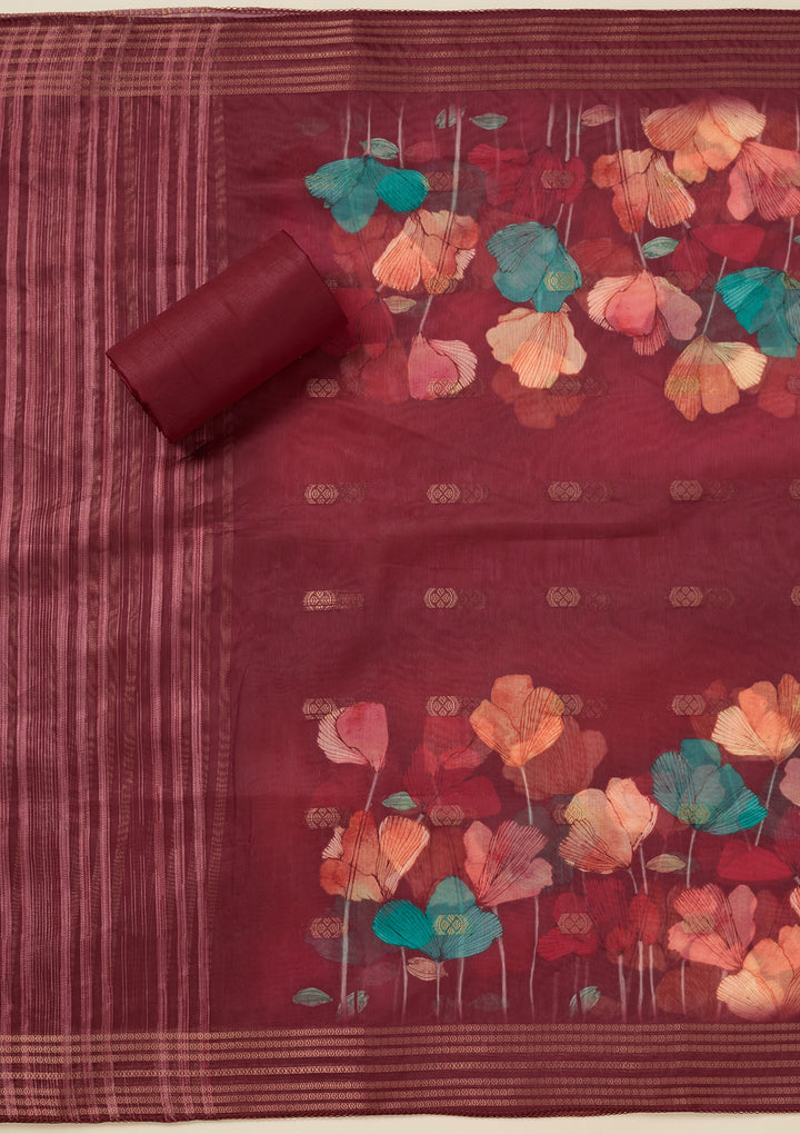 Maroon Dola Silk Gold Zariwork Unstitched Dress Material With Matching Bottom And Dupatta