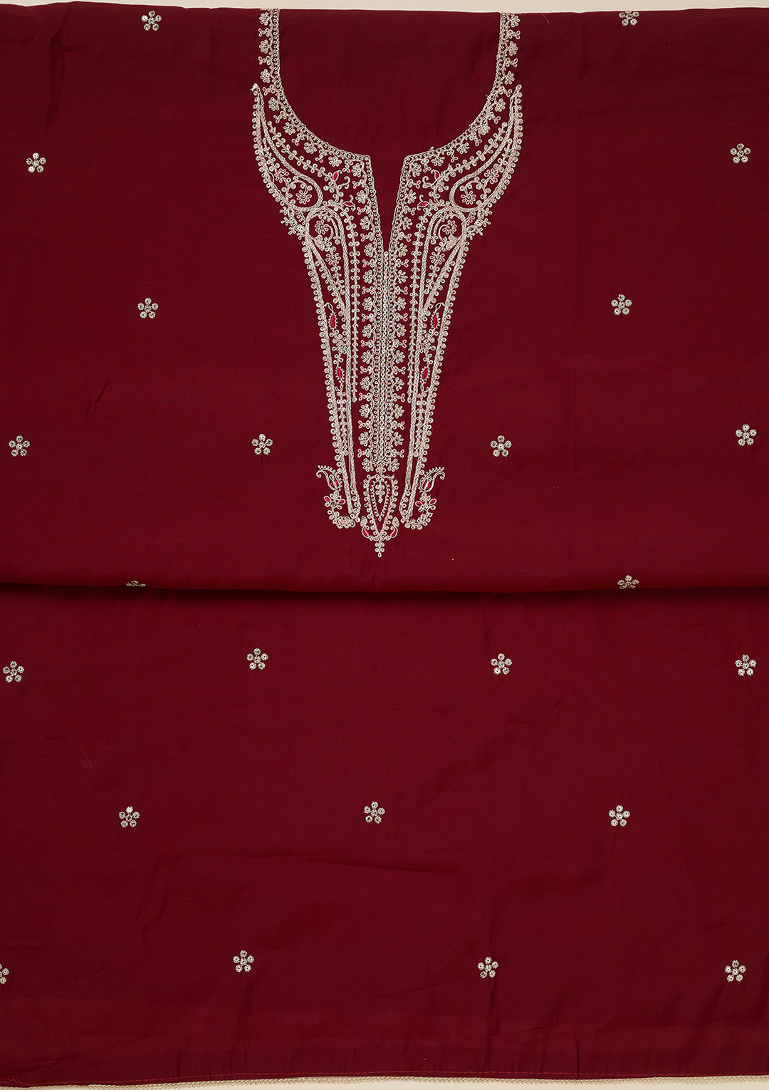 Maroon Dola Silk Gold Zariwork Unstitched Dress Material With Matching Bottom And Dupatta