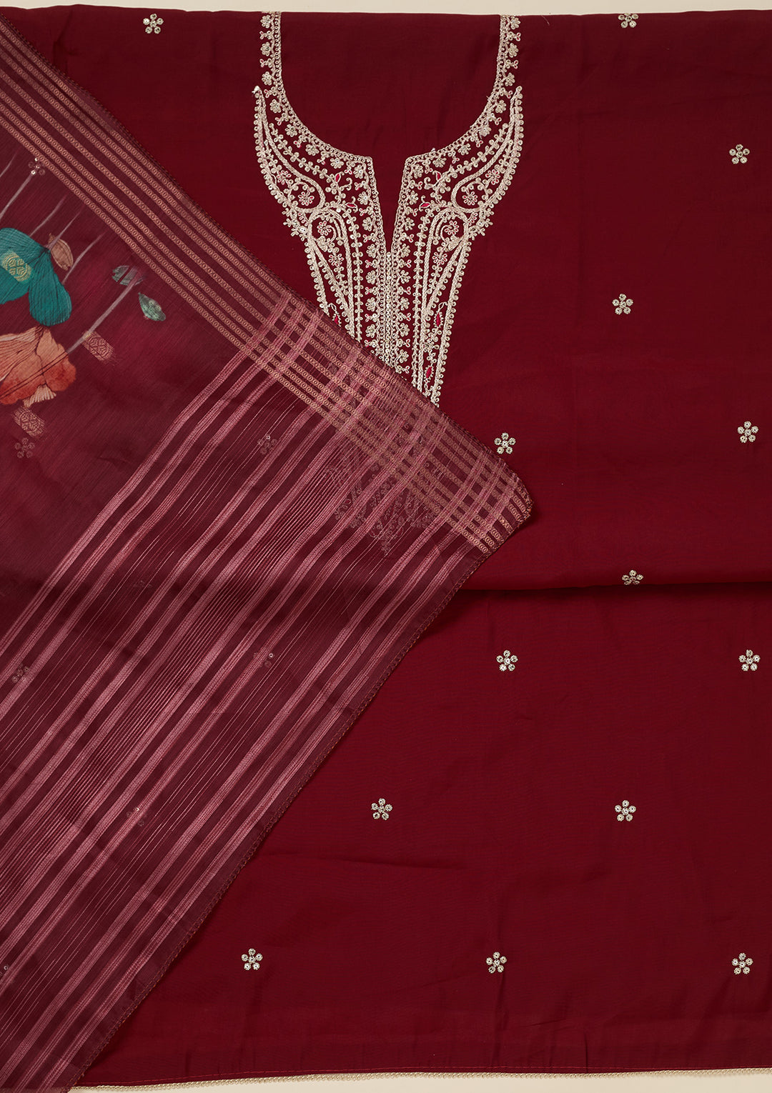 Maroon Dola Silk Gold Zariwork Unstitched Dress Material With Matching Bottom And Dupatta