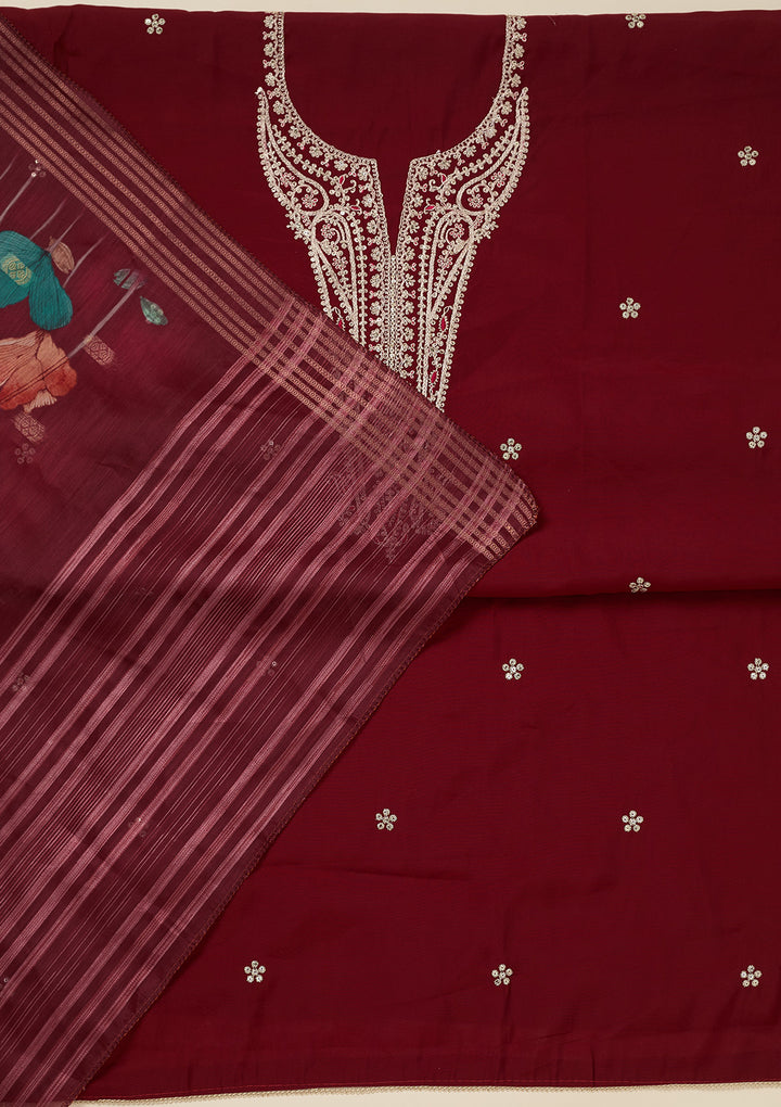 Maroon Dola Silk Gold Zariwork Unstitched Dress Material With Matching Bottom And Dupatta