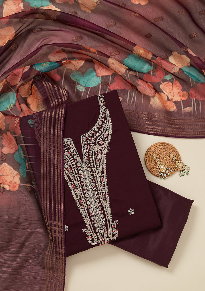 Wine Dola Silk Gold Zariwork Unstitched Dress Material With Matching Bottom And Dupatta