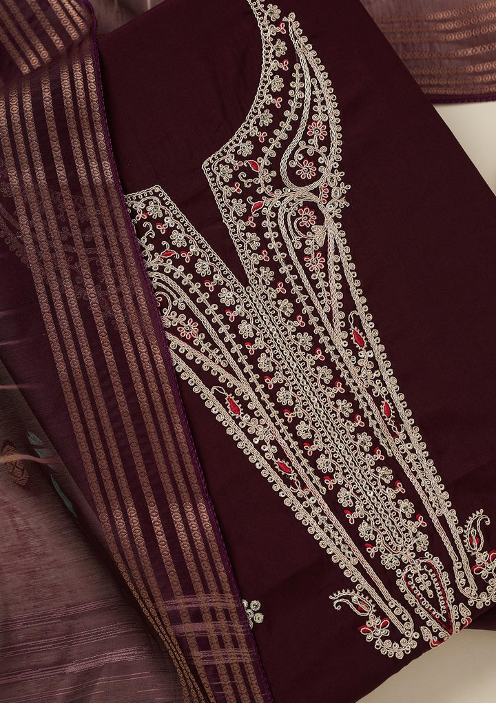 Wine Dola Silk Gold Zariwork Unstitched Dress Material With Matching Bottom And Dupatta