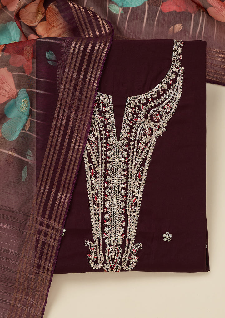 Wine Dola Silk Gold Zariwork Unstitched Dress Material With Matching Bottom And Dupatta
