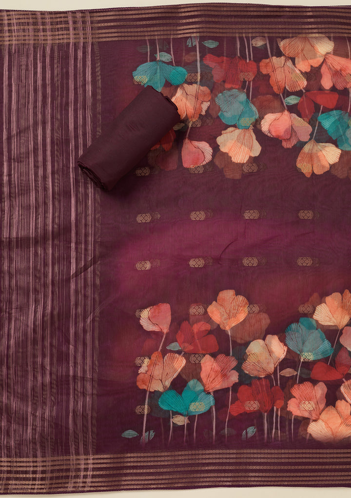 Wine Dola Silk Gold Zariwork Unstitched Dress Material With Matching Bottom And Dupatta