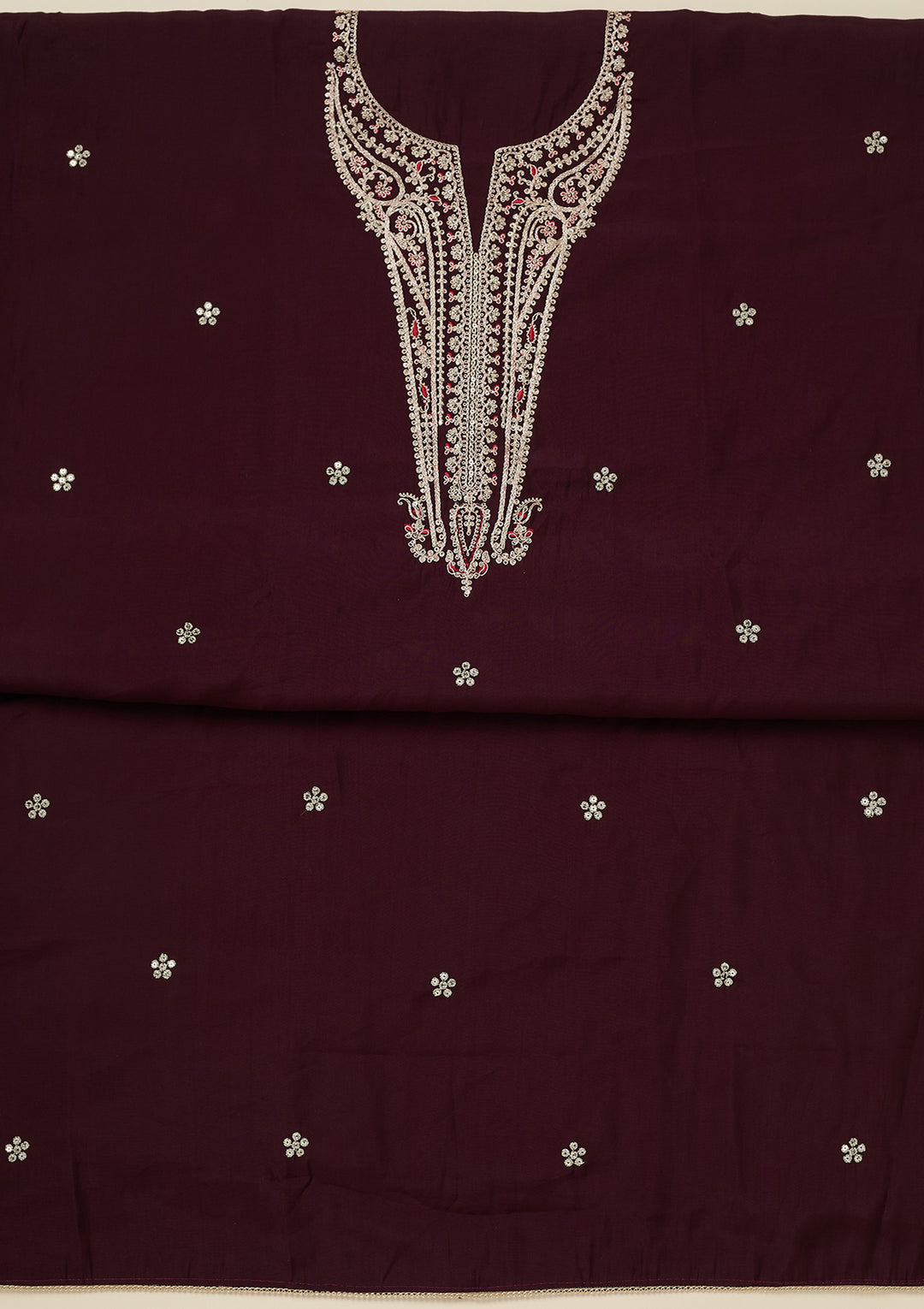 Wine Dola Silk Gold Zariwork Unstitched Dress Material With Matching Bottom And Dupatta