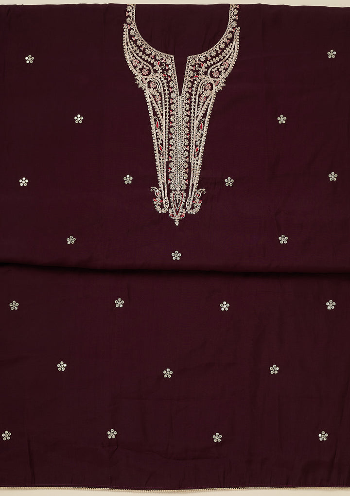 Wine Dola Silk Gold Zariwork Unstitched Dress Material With Matching Bottom And Dupatta