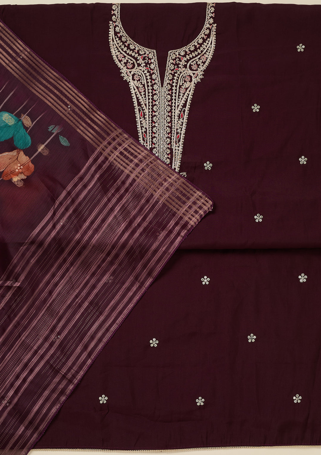 Wine Dola Silk Gold Zariwork Unstitched Dress Material With Matching Bottom And Dupatta