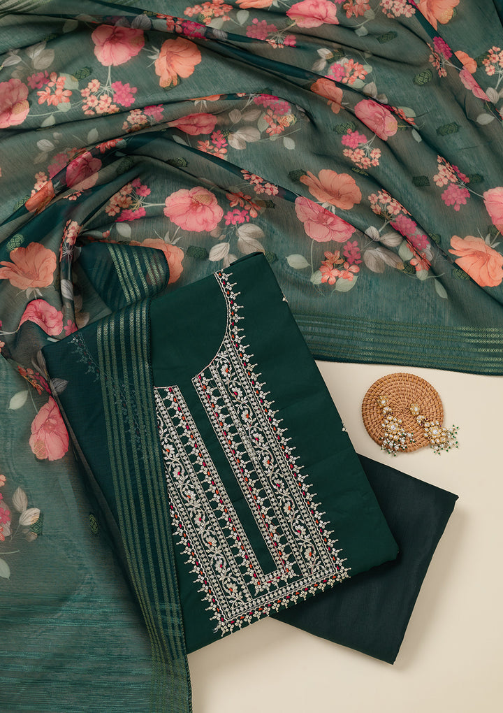 Bottle Green Dola Silk Gold Zariwork Unstitched Dress Material With Matching Bottom And Dupatta