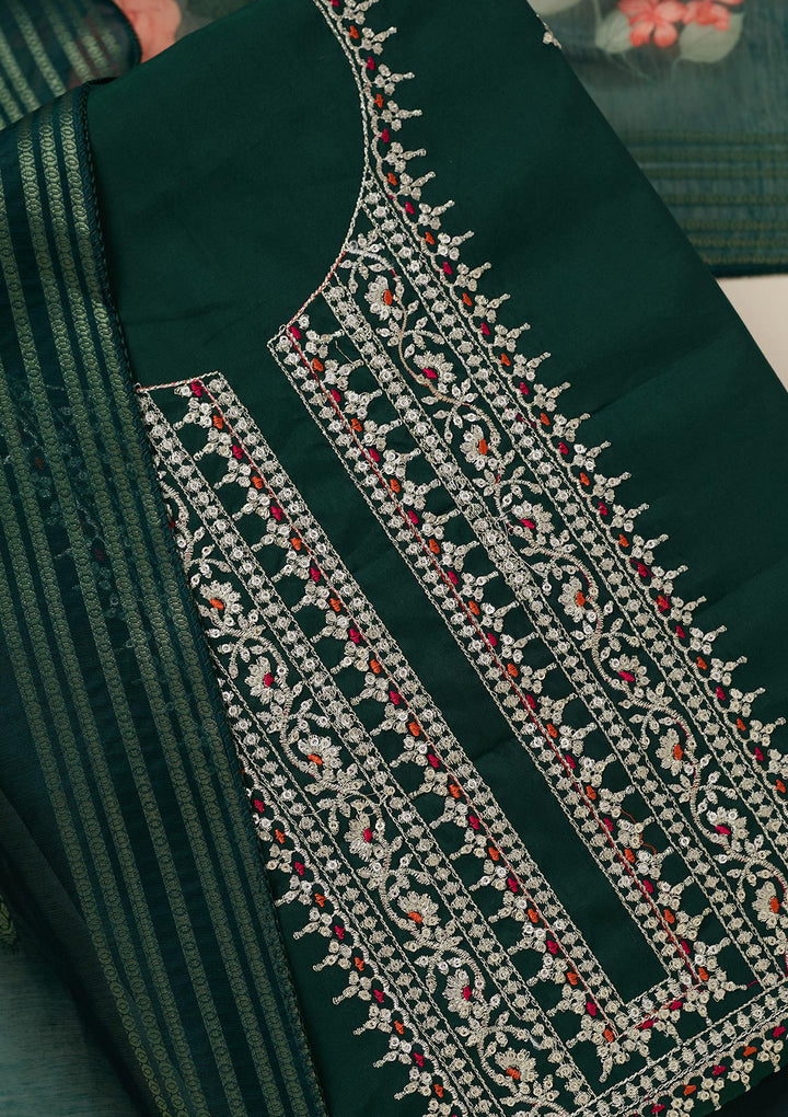 Bottle Green Dola Silk Gold Zariwork Unstitched Dress Material With Matching Bottom And Dupatta