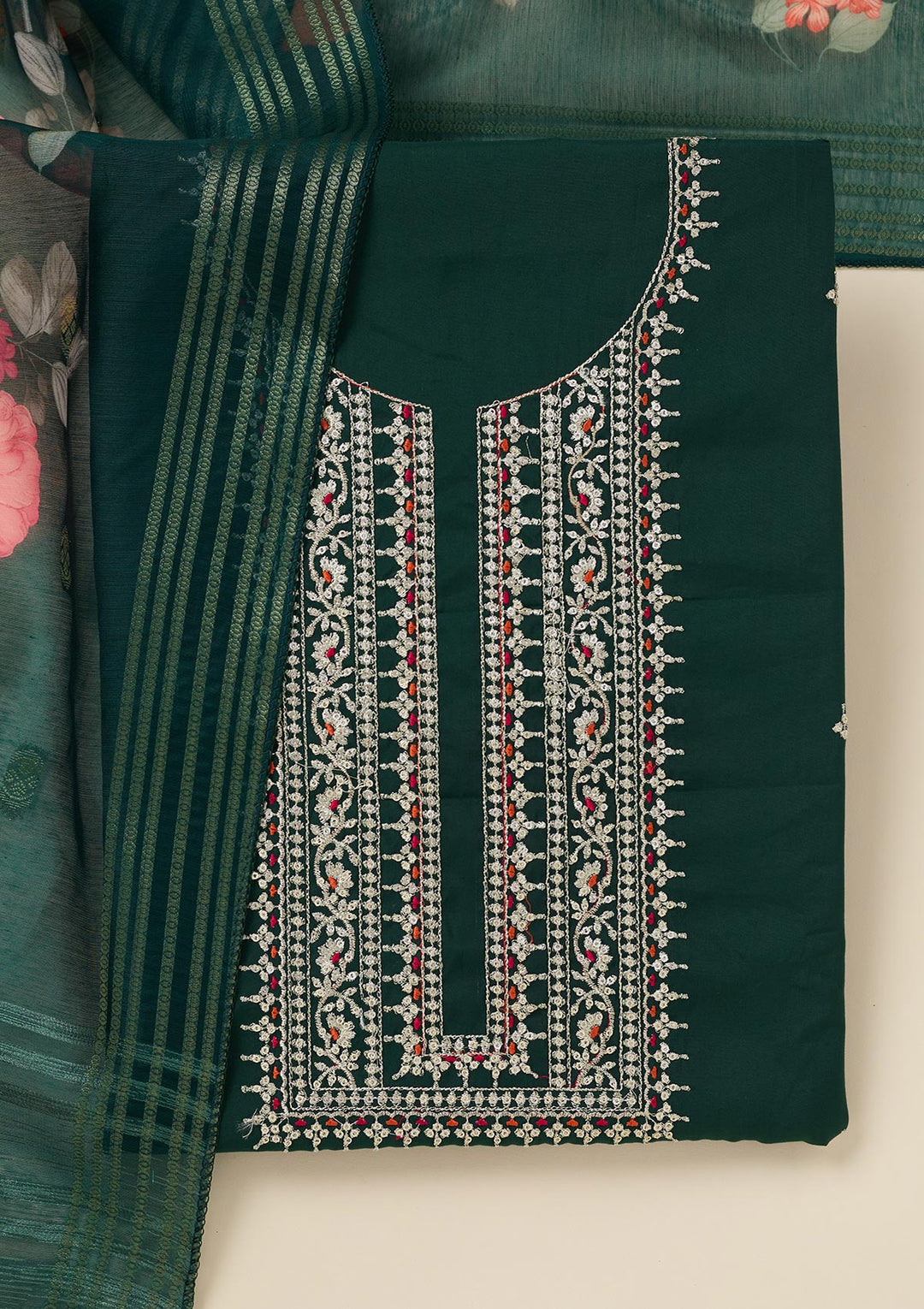 Bottle Green Dola Silk Gold Zariwork Unstitched Dress Material With Matching Bottom And Dupatta
