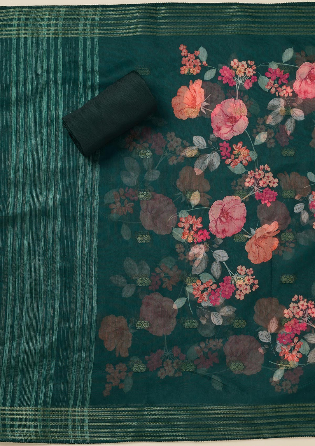 Bottle Green Dola Silk Gold Zariwork Unstitched Dress Material With Matching Bottom And Dupatta