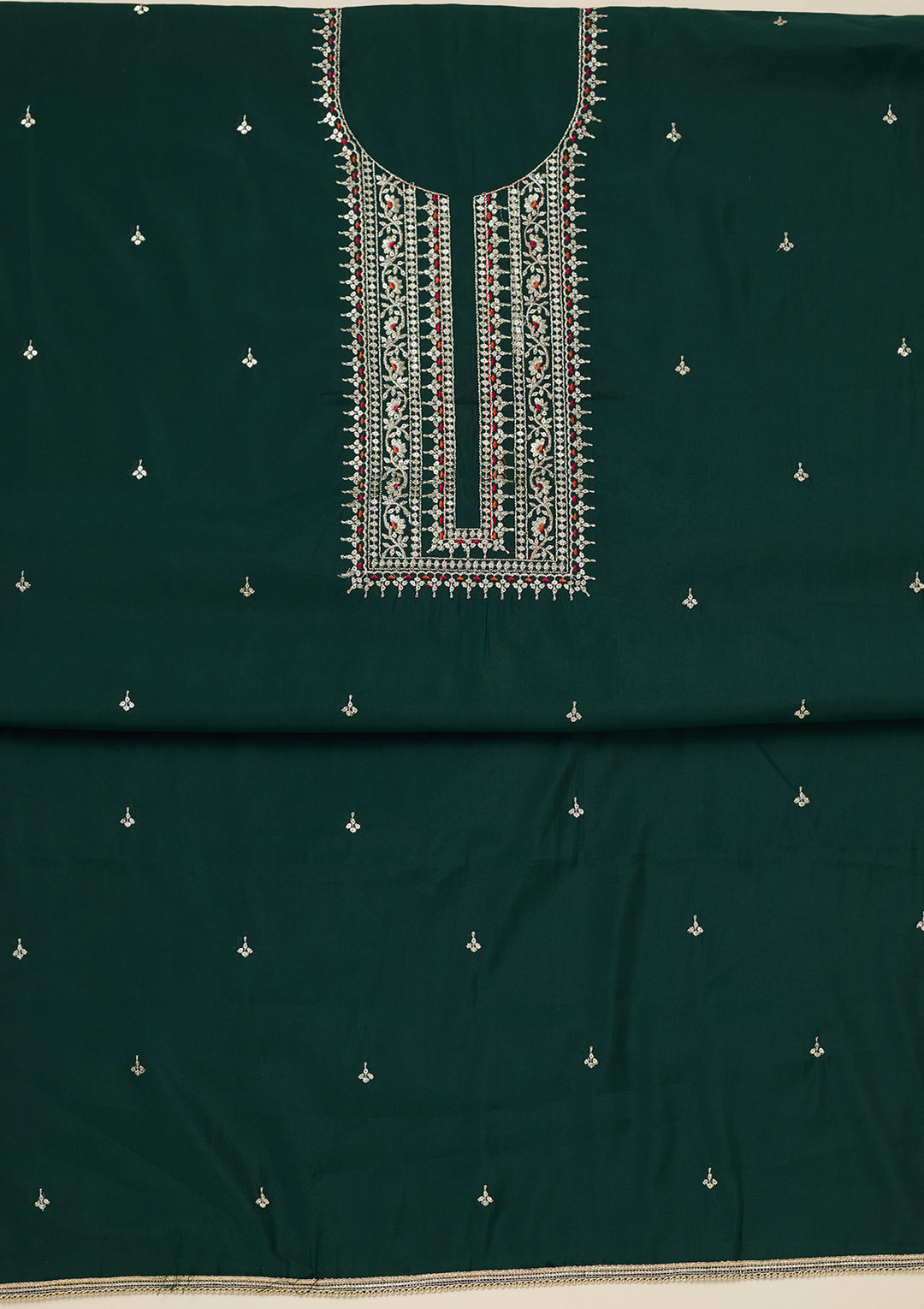 Bottle Green Dola Silk Gold Zariwork Unstitched Dress Material With Matching Bottom And Dupatta