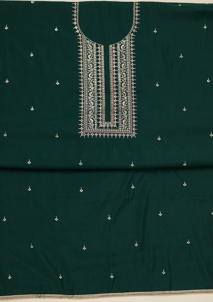 Bottle Green Dola Silk Gold Zariwork Unstitched Dress Material With Matching Bottom And Dupatta