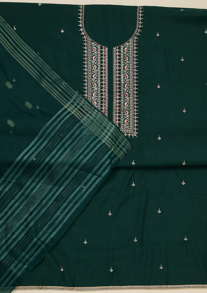Bottle Green Dola Silk Gold Zariwork Unstitched Dress Material With Matching Bottom And Dupatta