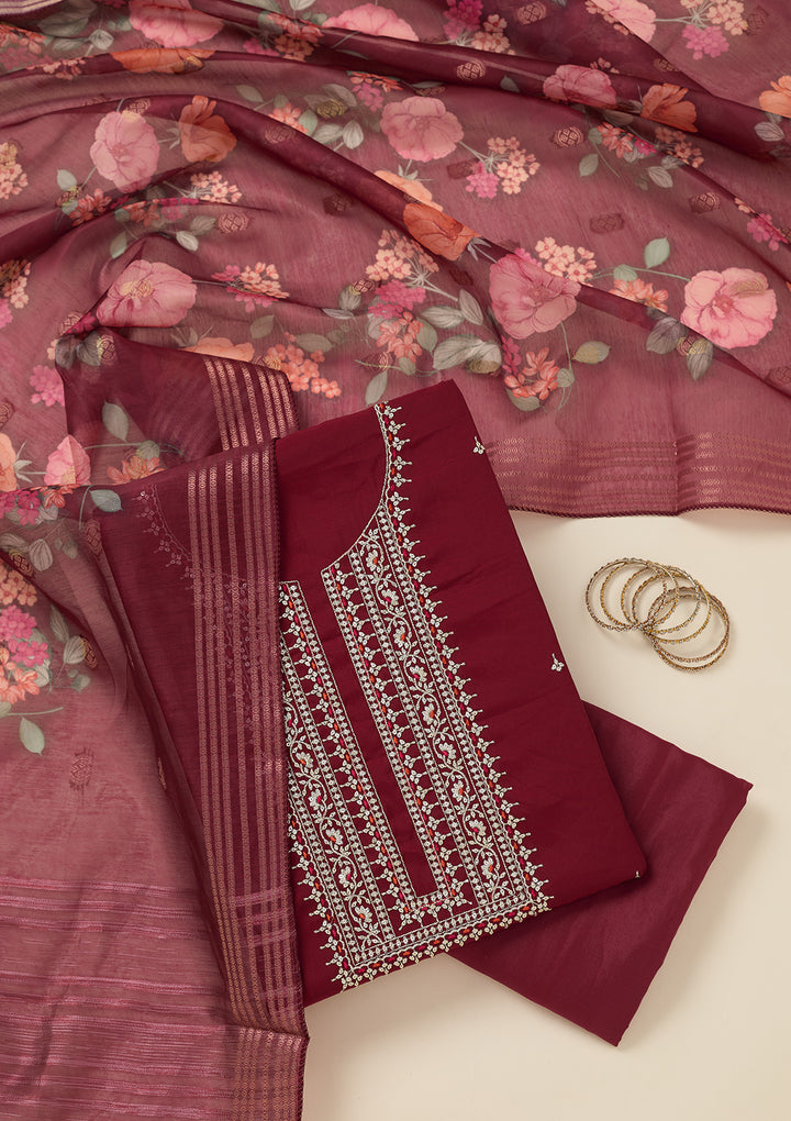 Maroon Dola Silk Gold Zariwork Unstitched Dress Material With Matching Bottom And Dupatta