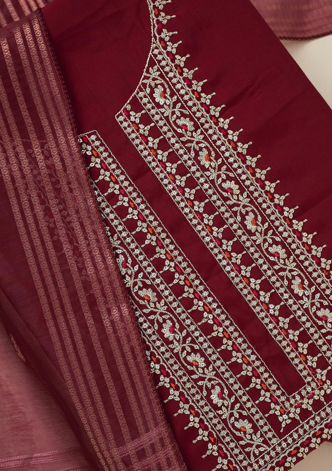 Maroon Dola Silk Gold Zariwork Unstitched Dress Material With Matching Bottom And Dupatta