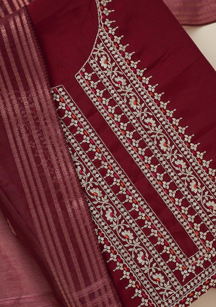 Maroon Dola Silk Gold Zariwork Unstitched Dress Material With Matching Bottom And Dupatta