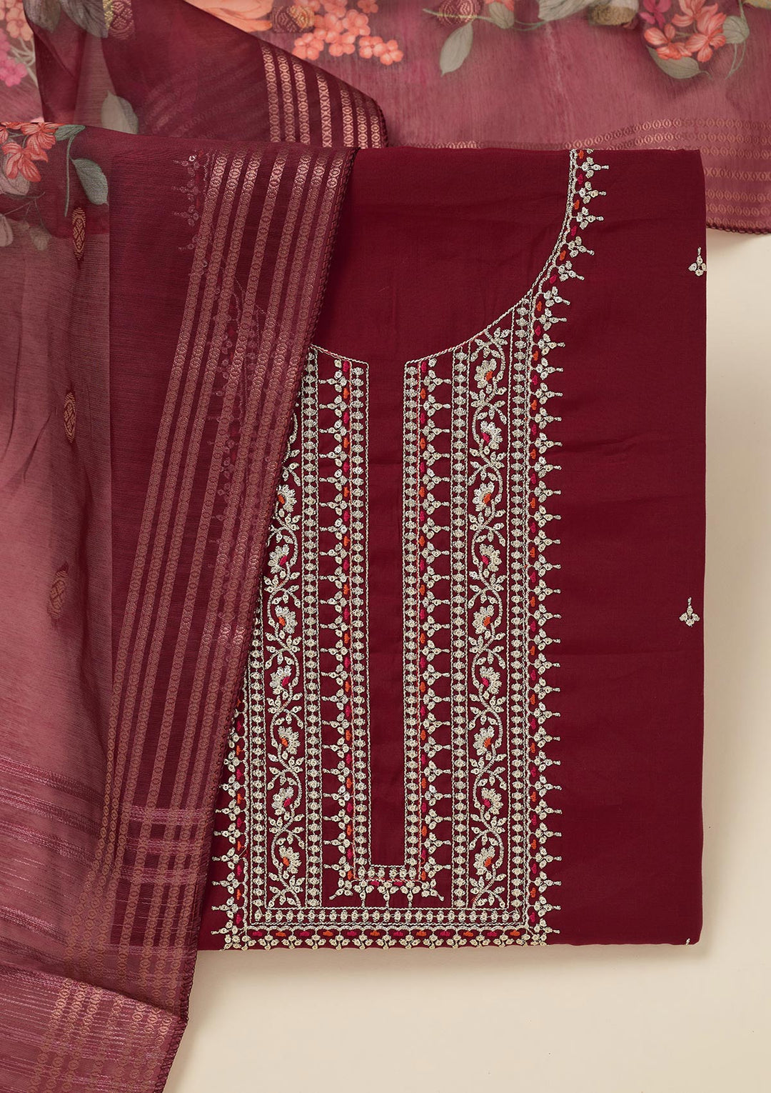 Maroon Dola Silk Gold Zariwork Unstitched Dress Material With Matching Bottom And Dupatta