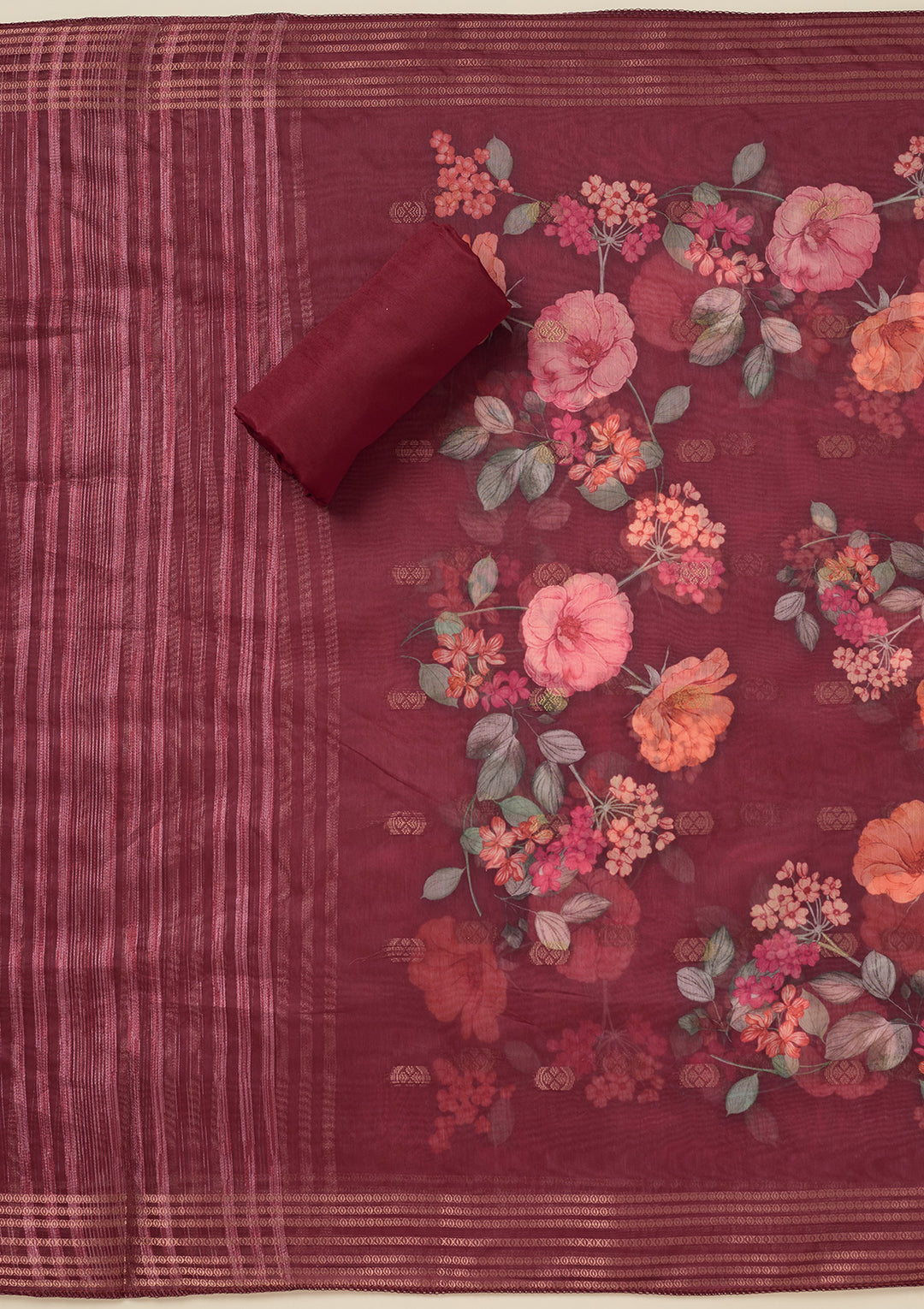 Maroon Dola Silk Gold Zariwork Unstitched Dress Material With Matching Bottom And Dupatta