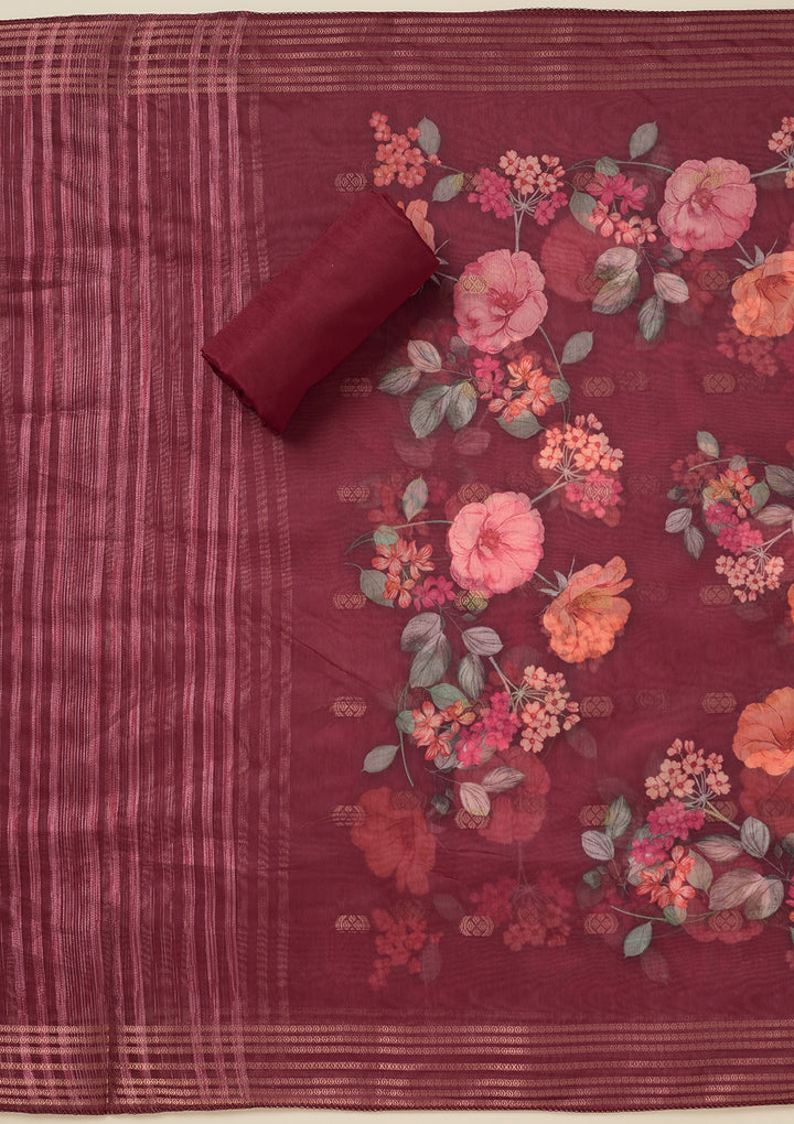 Maroon Dola Silk Gold Zariwork Unstitched Dress Material With Matching Bottom And Dupatta