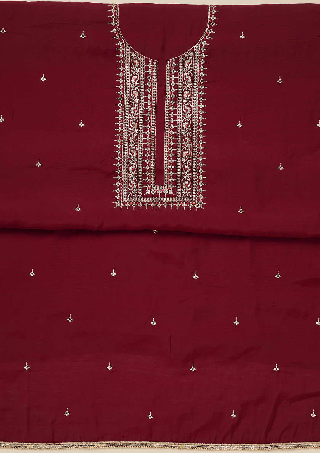 Maroon Dola Silk Gold Zariwork Unstitched Dress Material With Matching Bottom And Dupatta