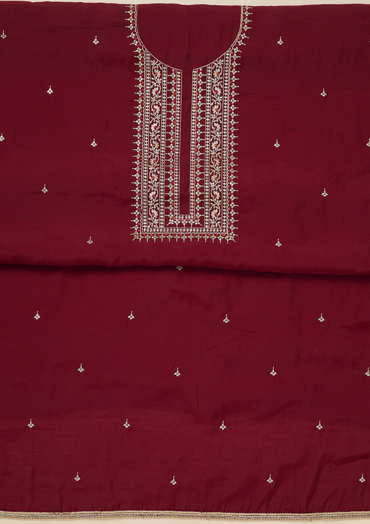 Maroon Dola Silk Gold Zariwork Unstitched Dress Material With Matching Bottom And Dupatta