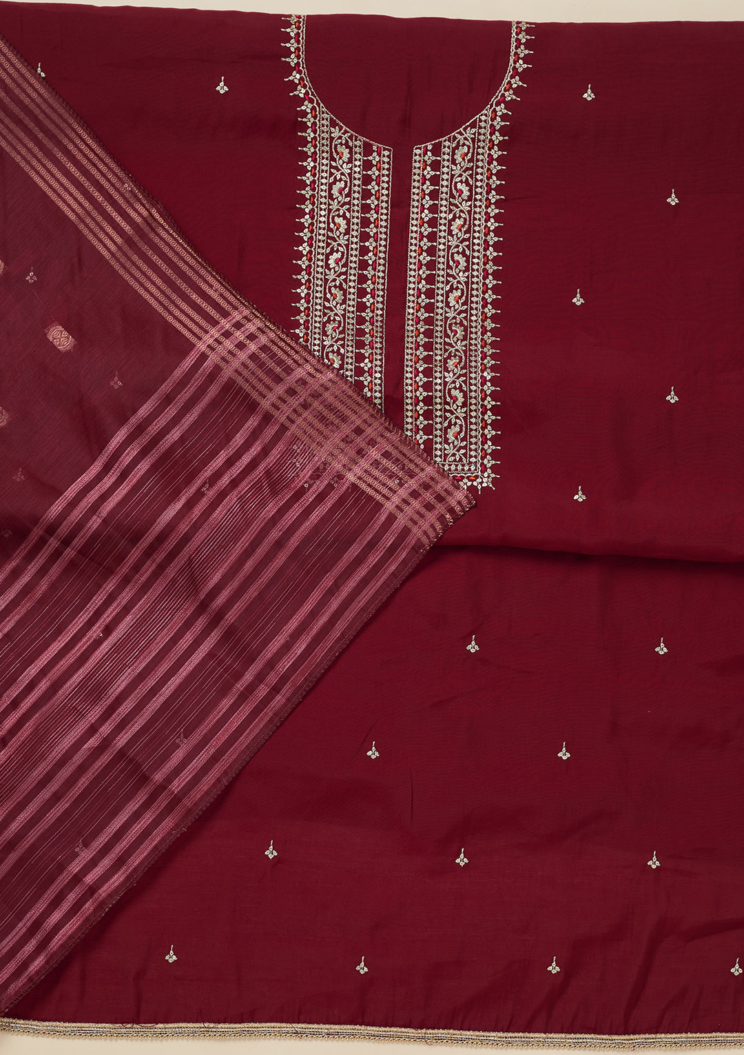 Maroon Dola Silk Gold Zariwork Unstitched Dress Material With Matching Bottom And Dupatta