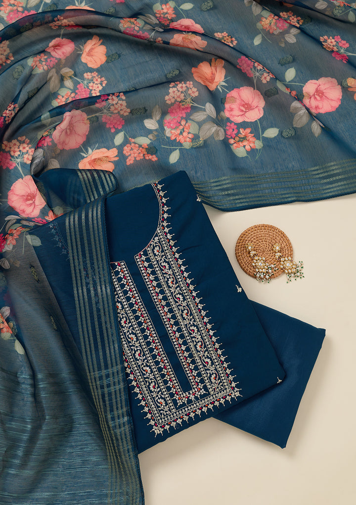 Peacock Blue Dola Silk Gold Zariwork Unstitched Dress Material With Matching Bottom And Dupatta