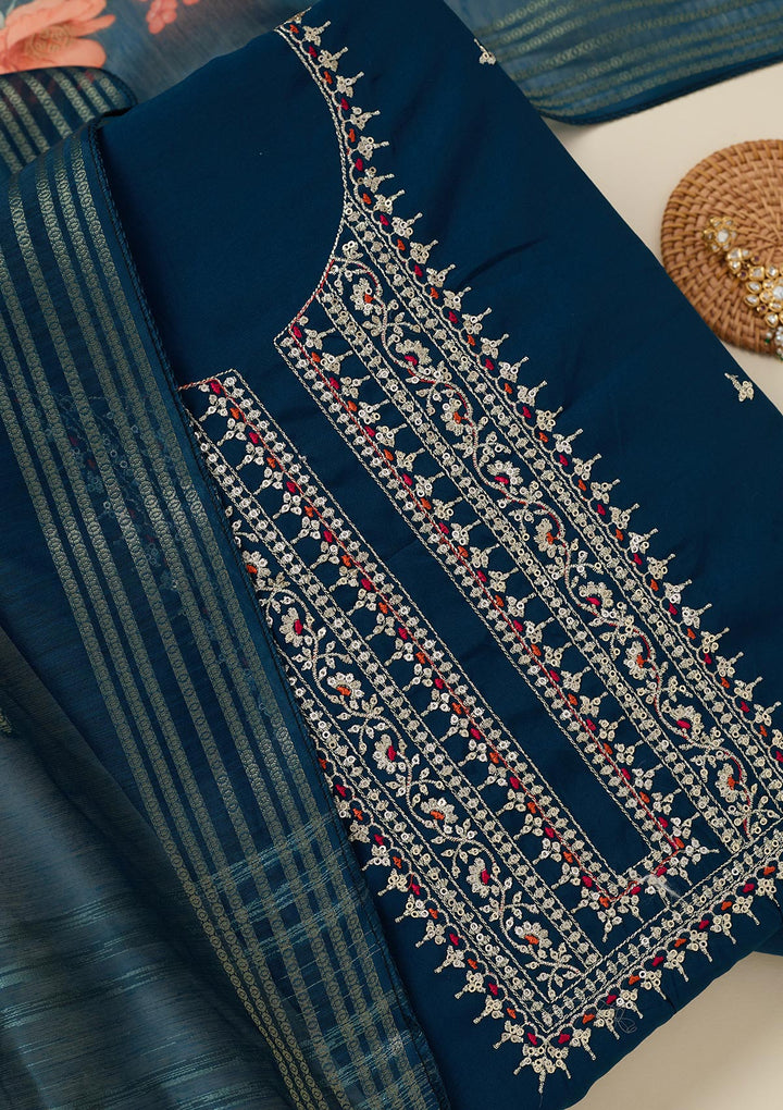 Peacock Blue Dola Silk Gold Zariwork Unstitched Dress Material With Matching Bottom And Dupatta