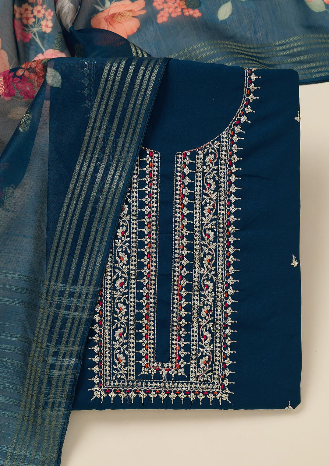 Peacock Blue Dola Silk Gold Zariwork Unstitched Dress Material With Matching Bottom And Dupatta