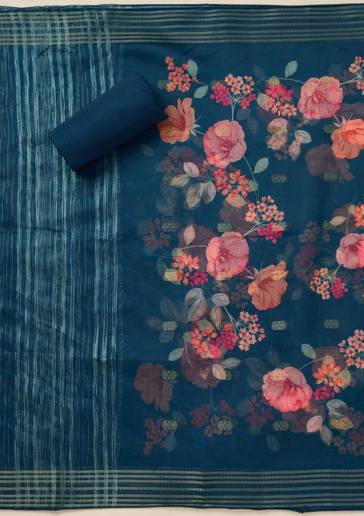 Peacock Blue Dola Silk Gold Zariwork Unstitched Dress Material With Matching Bottom And Dupatta