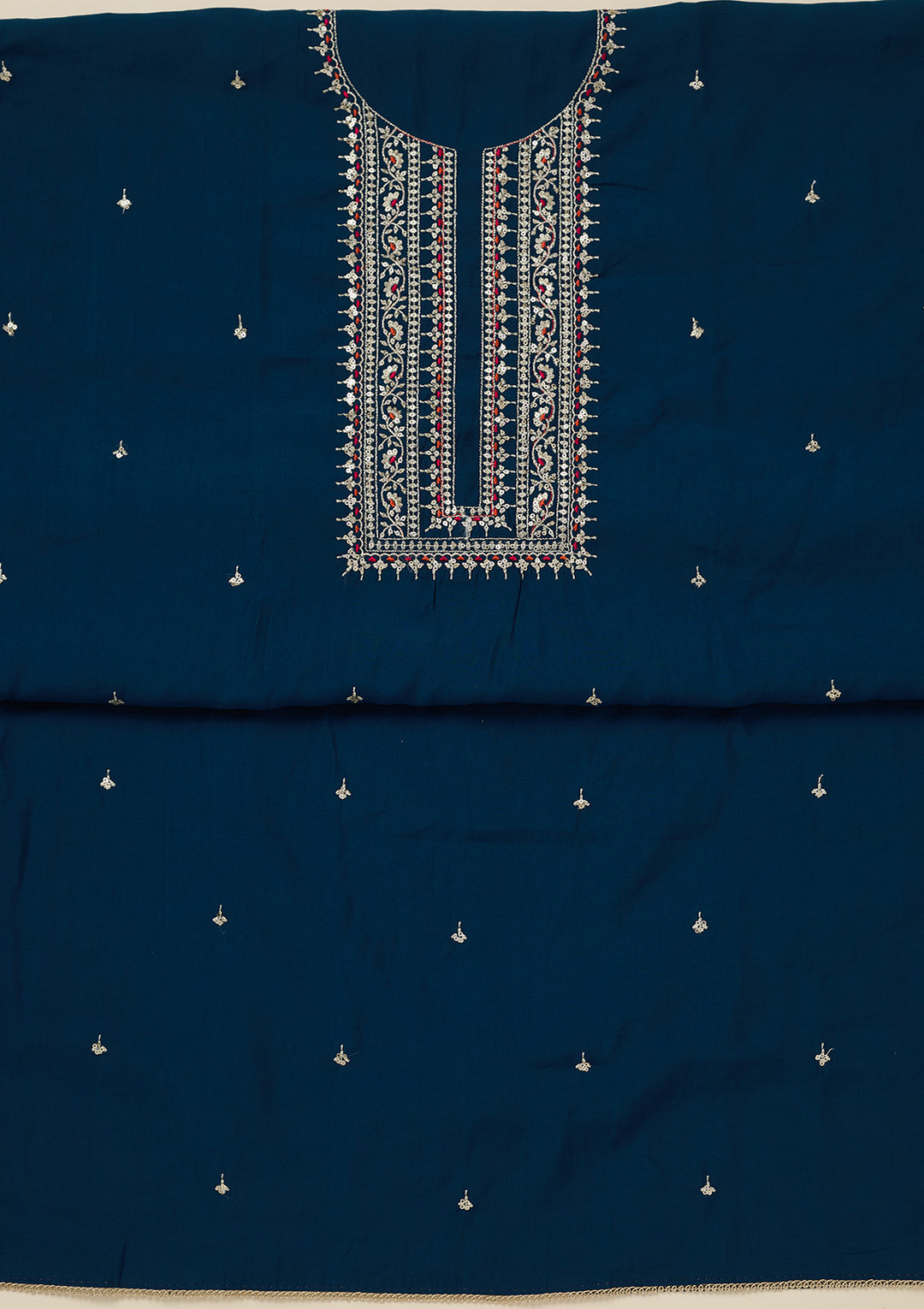 Peacock Blue Dola Silk Gold Zariwork Unstitched Dress Material With Matching Bottom And Dupatta