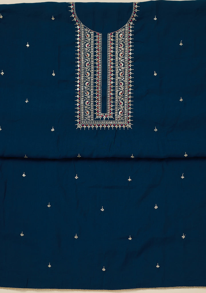 Peacock Blue Dola Silk Gold Zariwork Unstitched Dress Material With Matching Bottom And Dupatta