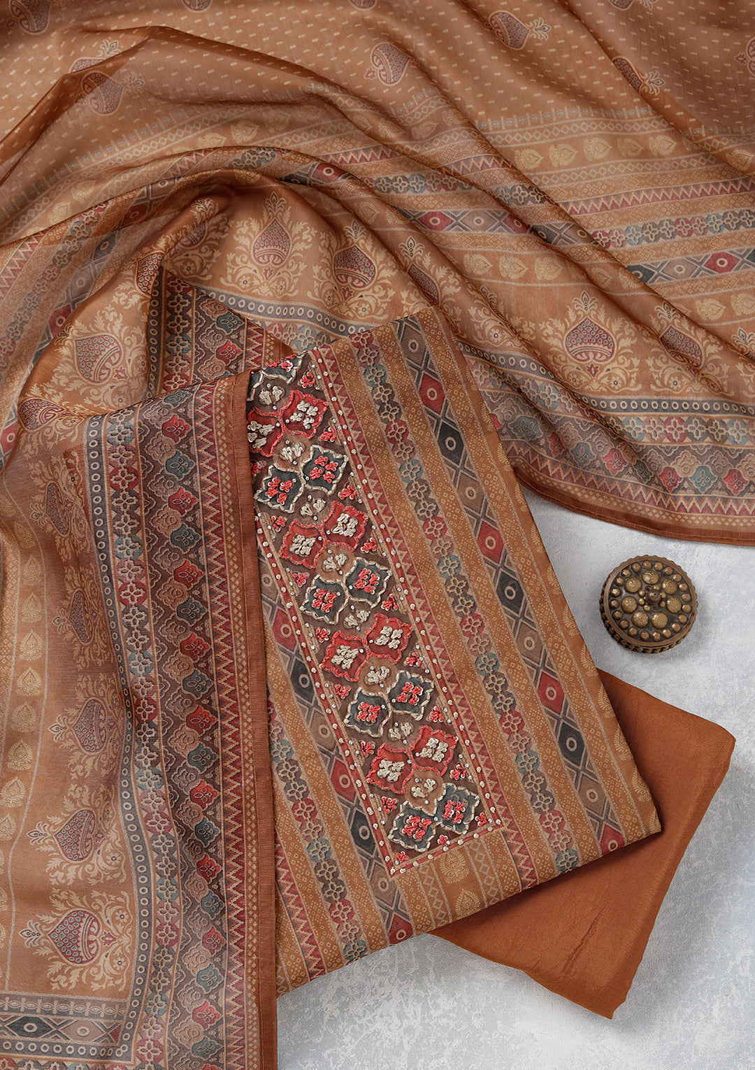 Brown Multi Chanderi Threadwork Unstitched Dress Material With Matching Bottom And Dupatta