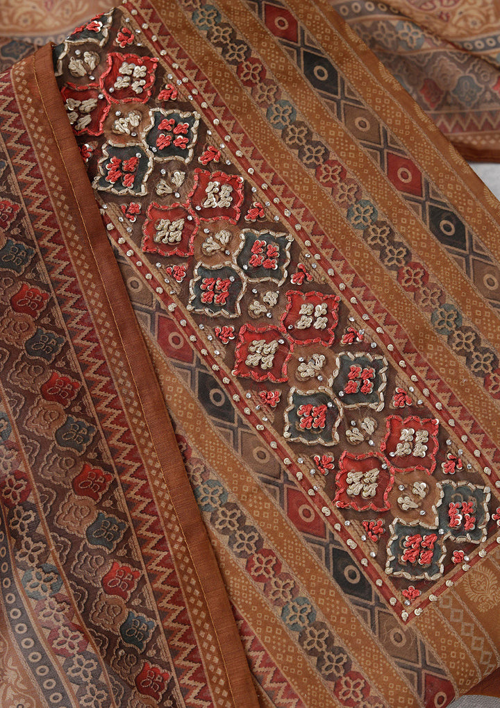 Brown Multi Chanderi Threadwork Unstitched Dress Material With Matching Bottom And Dupatta