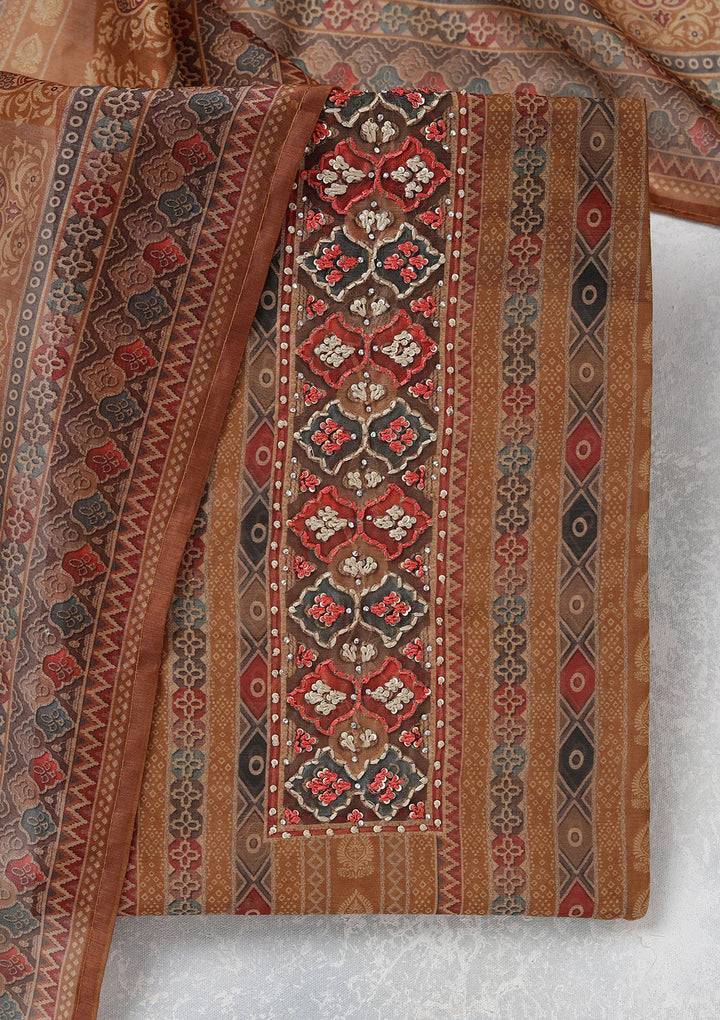Brown Multi Chanderi Threadwork Unstitched Dress Material With Matching Bottom And Dupatta