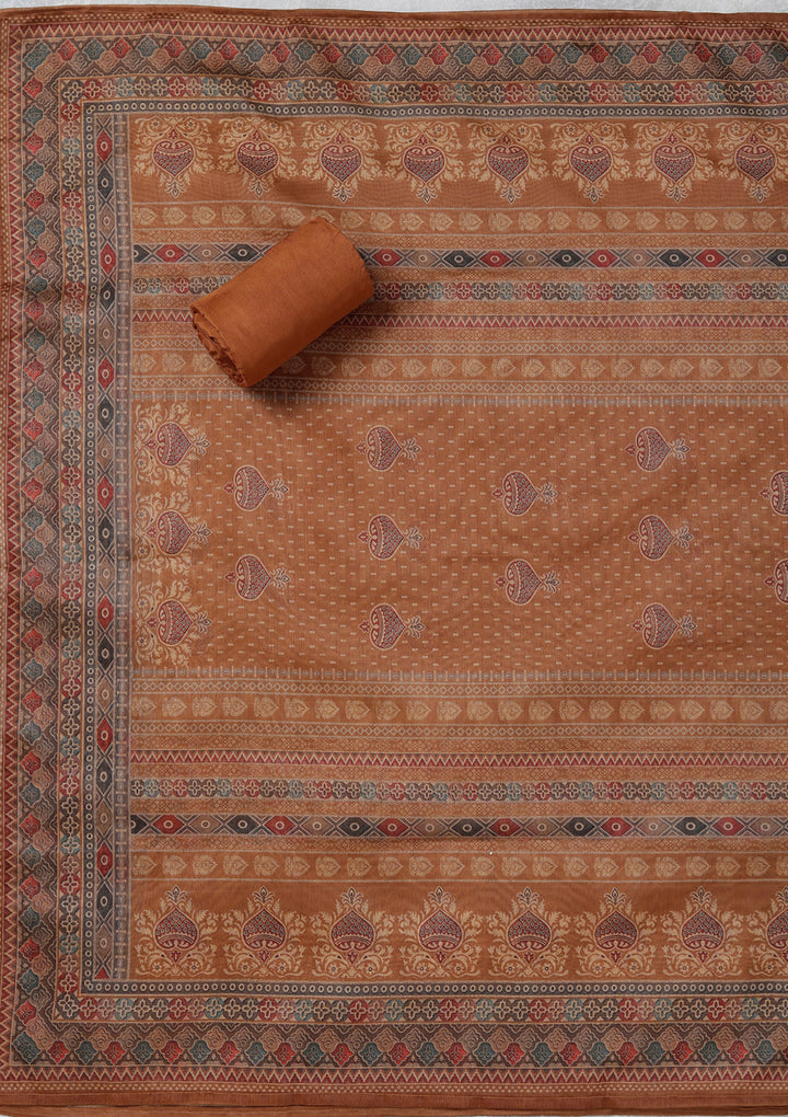 Brown Multi Chanderi Threadwork Unstitched Dress Material With Matching Bottom And Dupatta