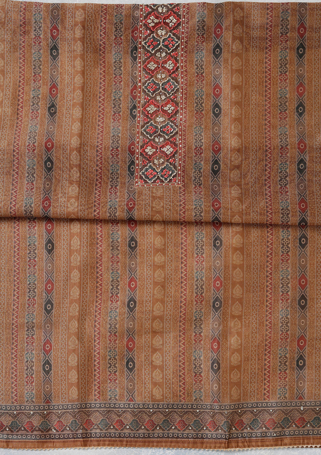 Brown Multi Chanderi Threadwork Unstitched Dress Material With Matching Bottom And Dupatta
