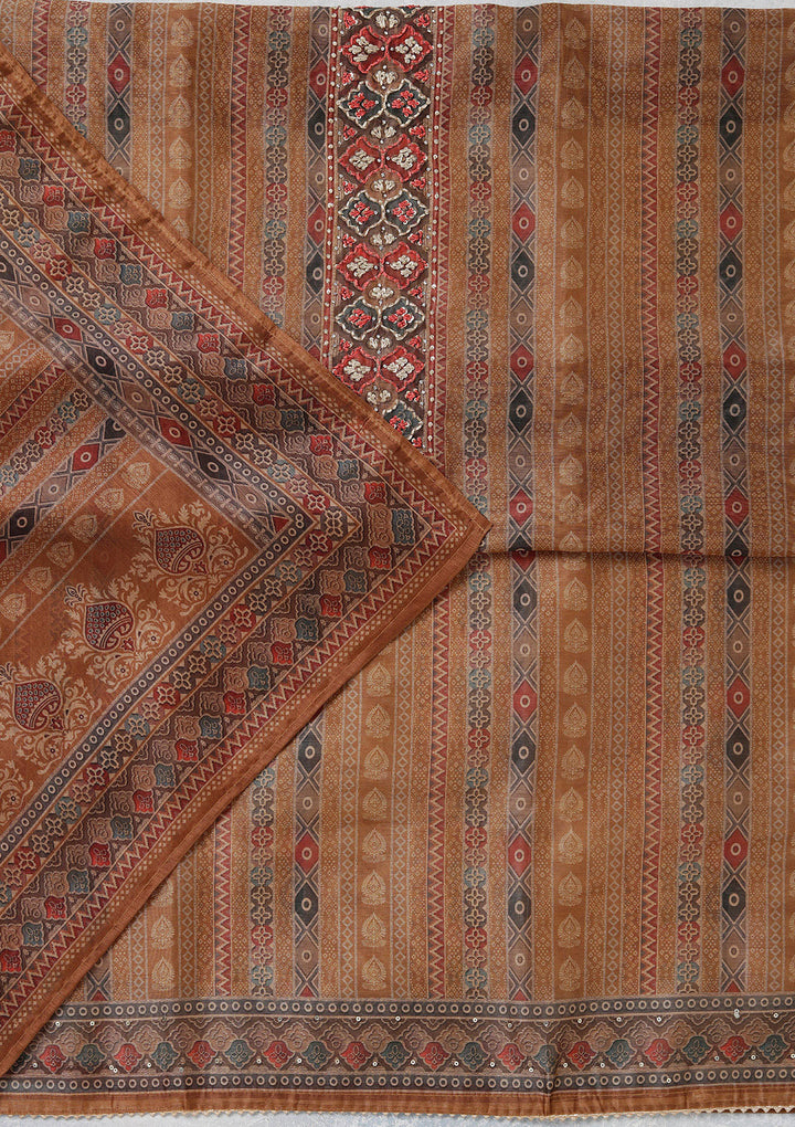 Brown Multi Chanderi Threadwork Unstitched Dress Material With Matching Bottom And Dupatta