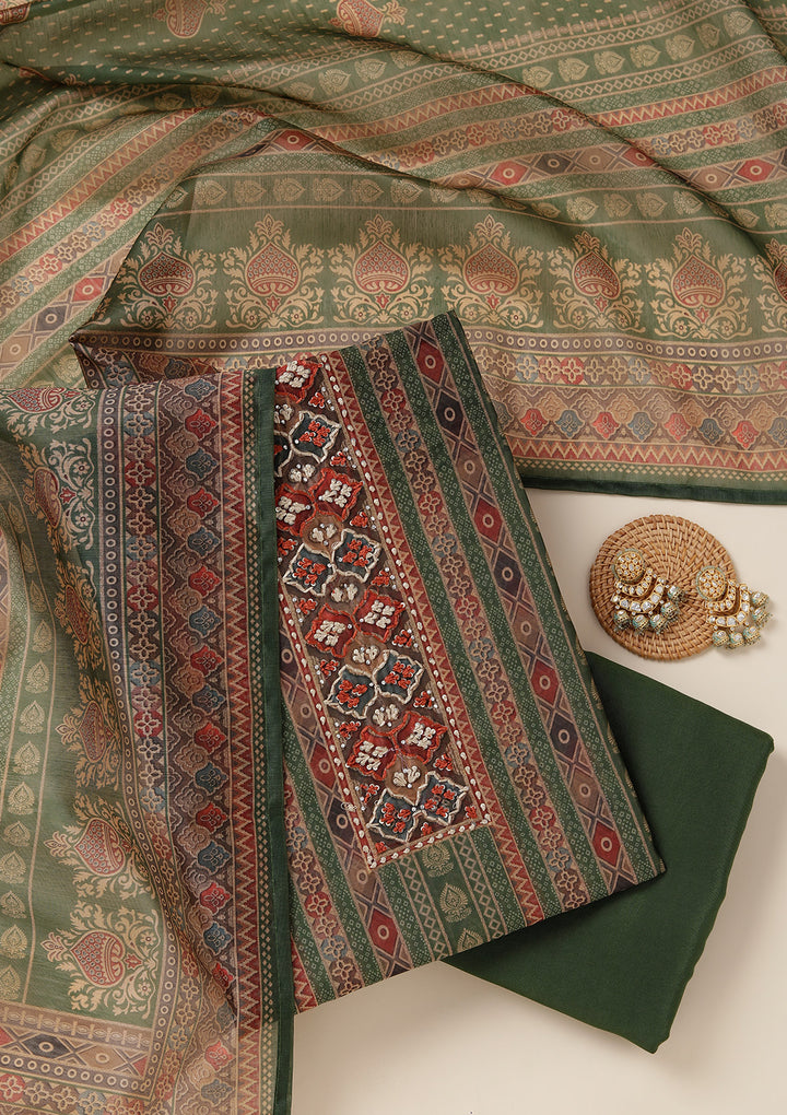 Leaf Green Multi Chanderi Ombre Threadwork Unstitched Dress Material With Matching Bottom And Dupatta