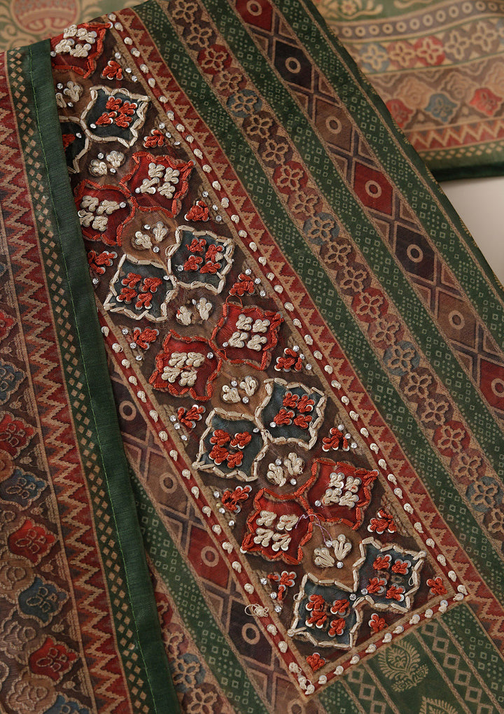 Leaf Green Multi Chanderi Ombre Threadwork Unstitched Dress Material With Matching Bottom And Dupatta